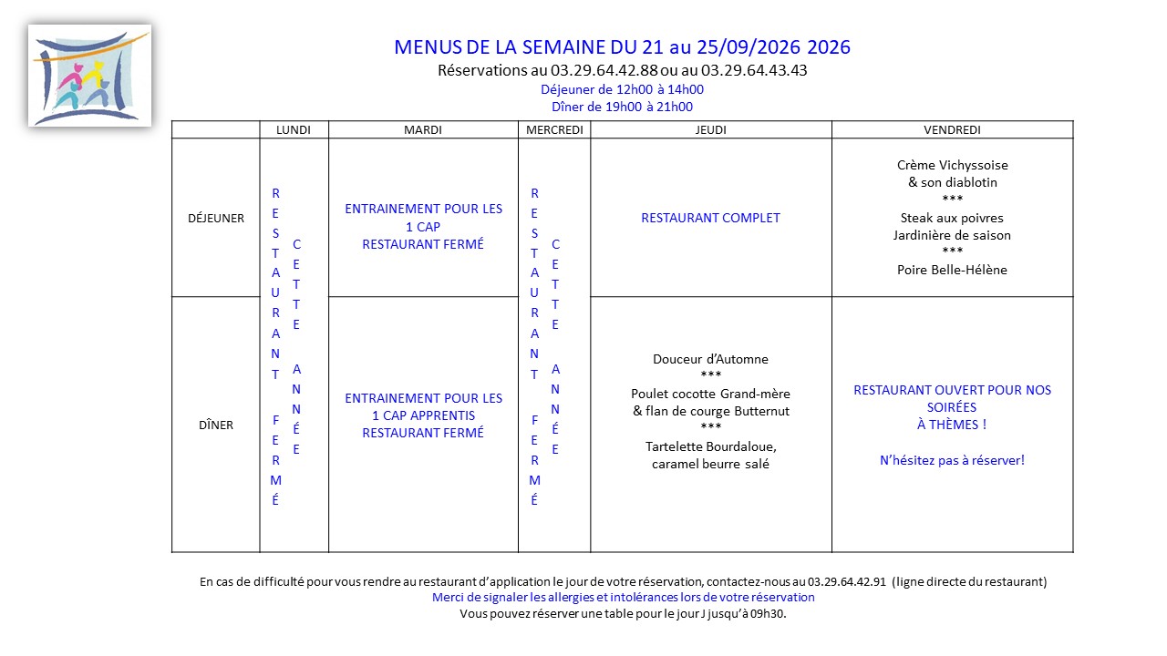 MENUS SEMAINE 39 2026 | Notre-Dame Saint-Joseph Restaurant d’application Saint-Étienne-lès-Remiremont 1